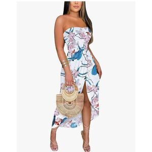 NEW Strapless Ruched Floral Wrap Split Asymmetrical Dress S
